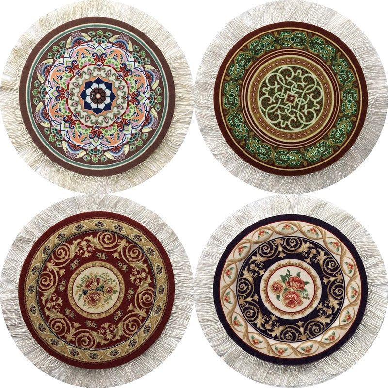 Inusitus Rug Coasters, Set of 4 Turkish Carpet Style Table Drink mats, Absorbent Kitchen and Dining Accessories, Spill & drip Protection, Round - Image 1